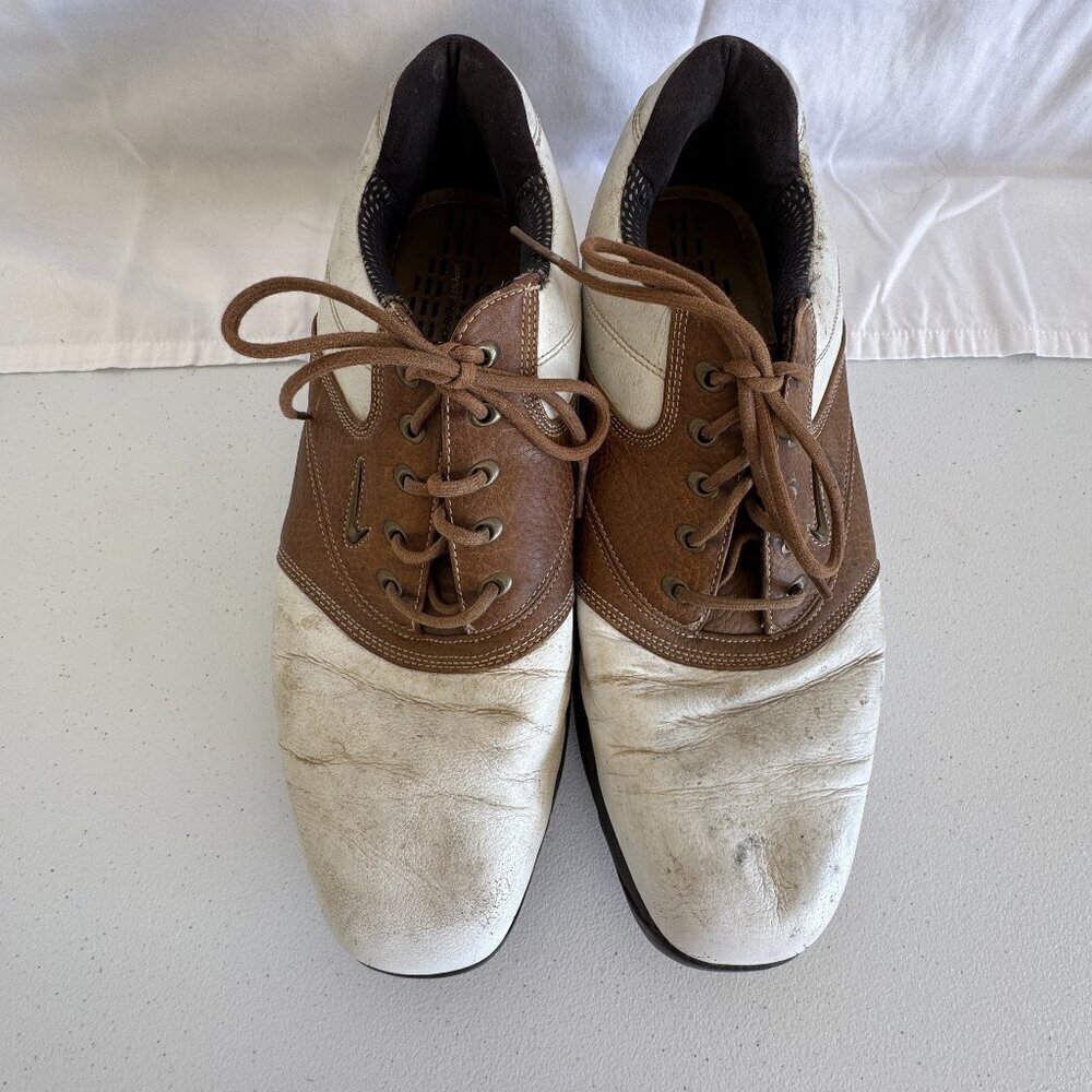 Nike Men's Brown and White Leather Golf Shoes Size 11 Soft Spikes Worn Condition